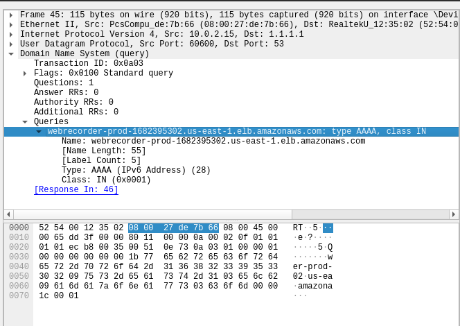 DNS packet structure represented in Wireshark